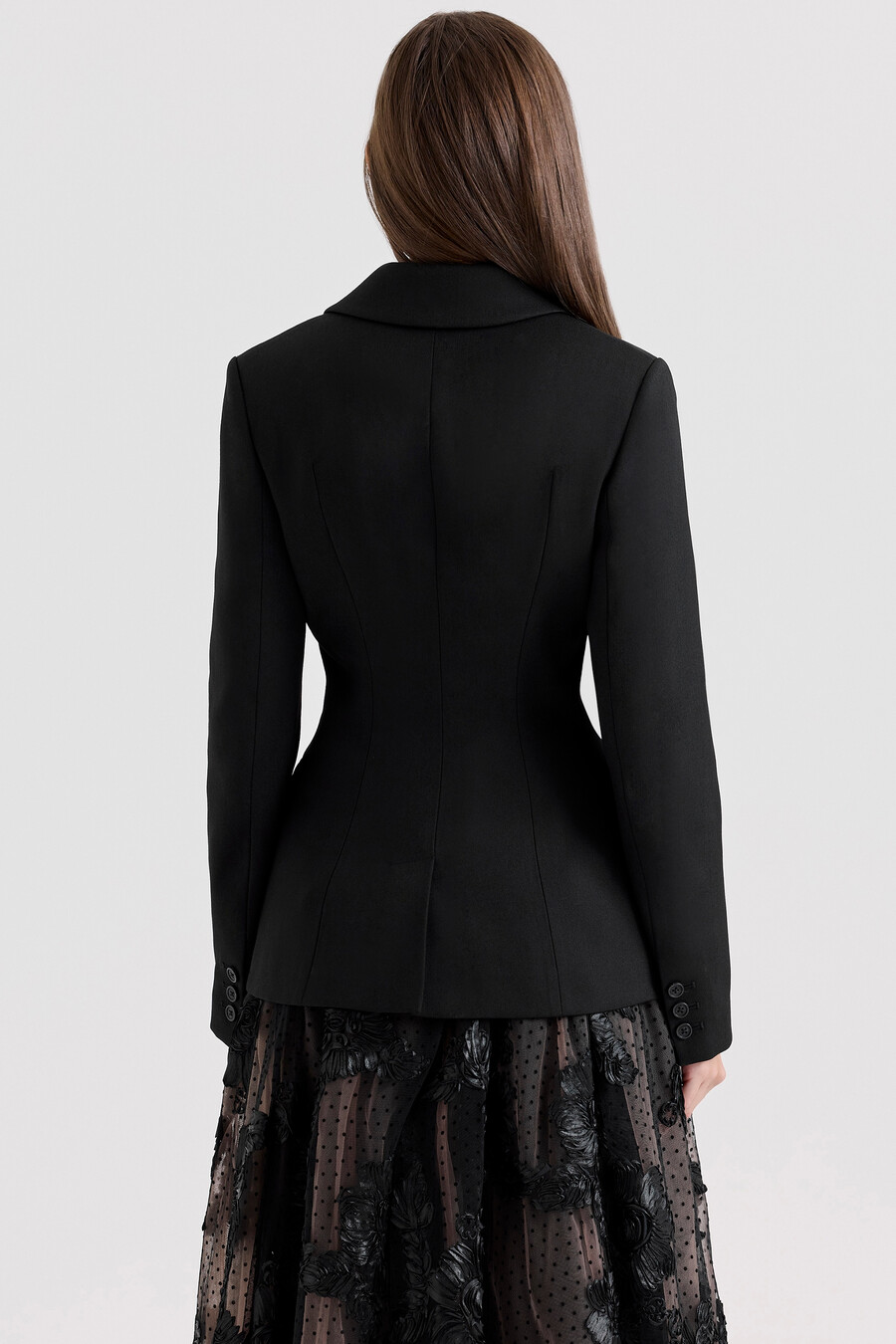 schwarze taillierte sanduhrjacke