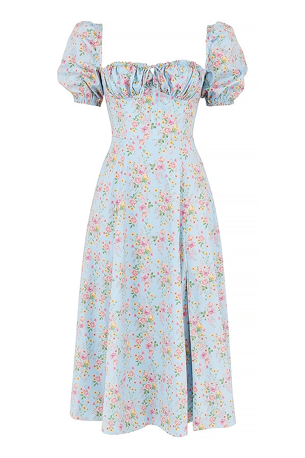 blaues vintage-midikleid mit blumenmuster und puffärmeln