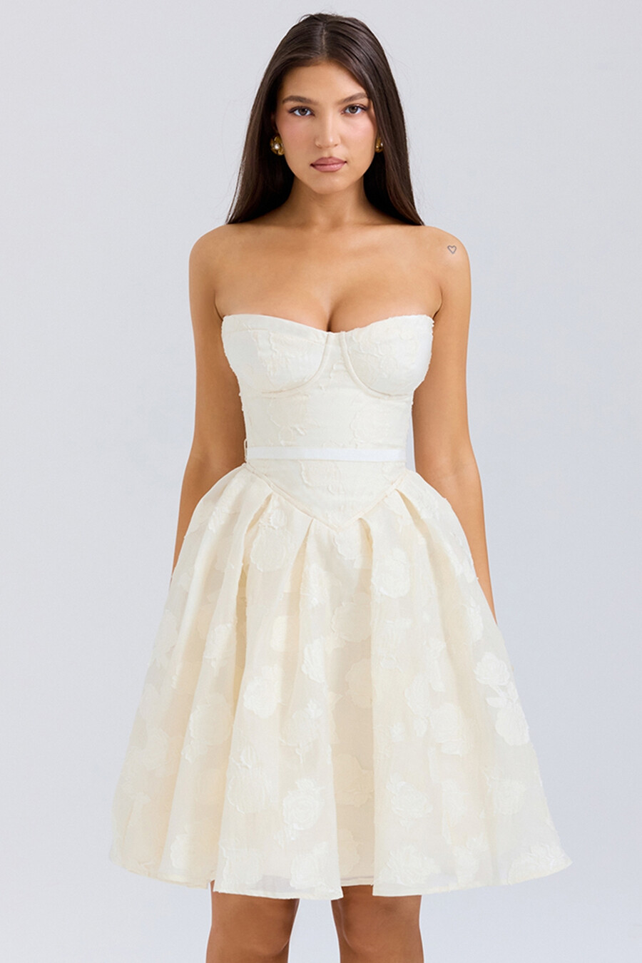 vintage cremefarbenes geblümtes trägerloses minikleid