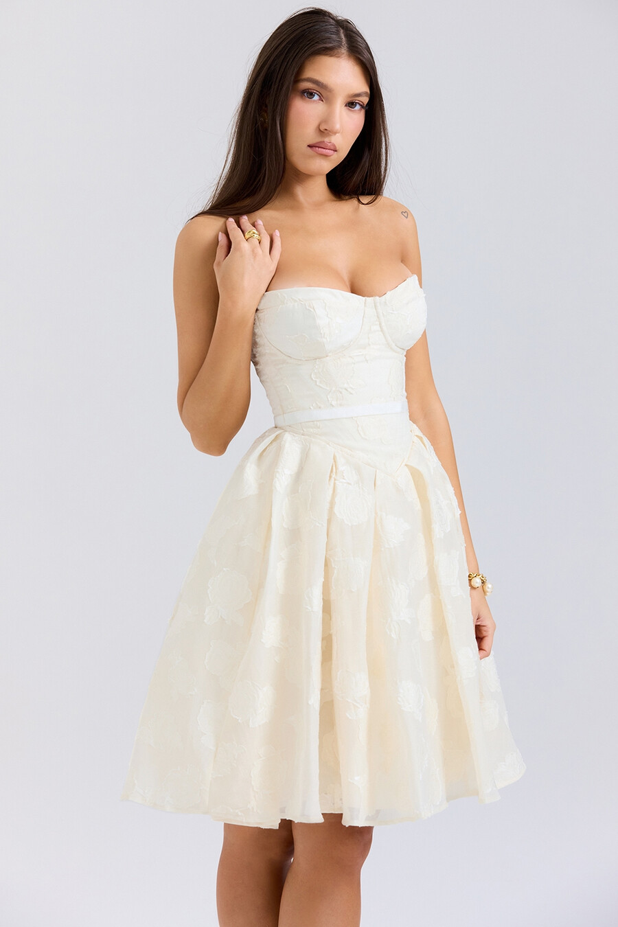 vintage cremefarbenes geblümtes trägerloses minikleid