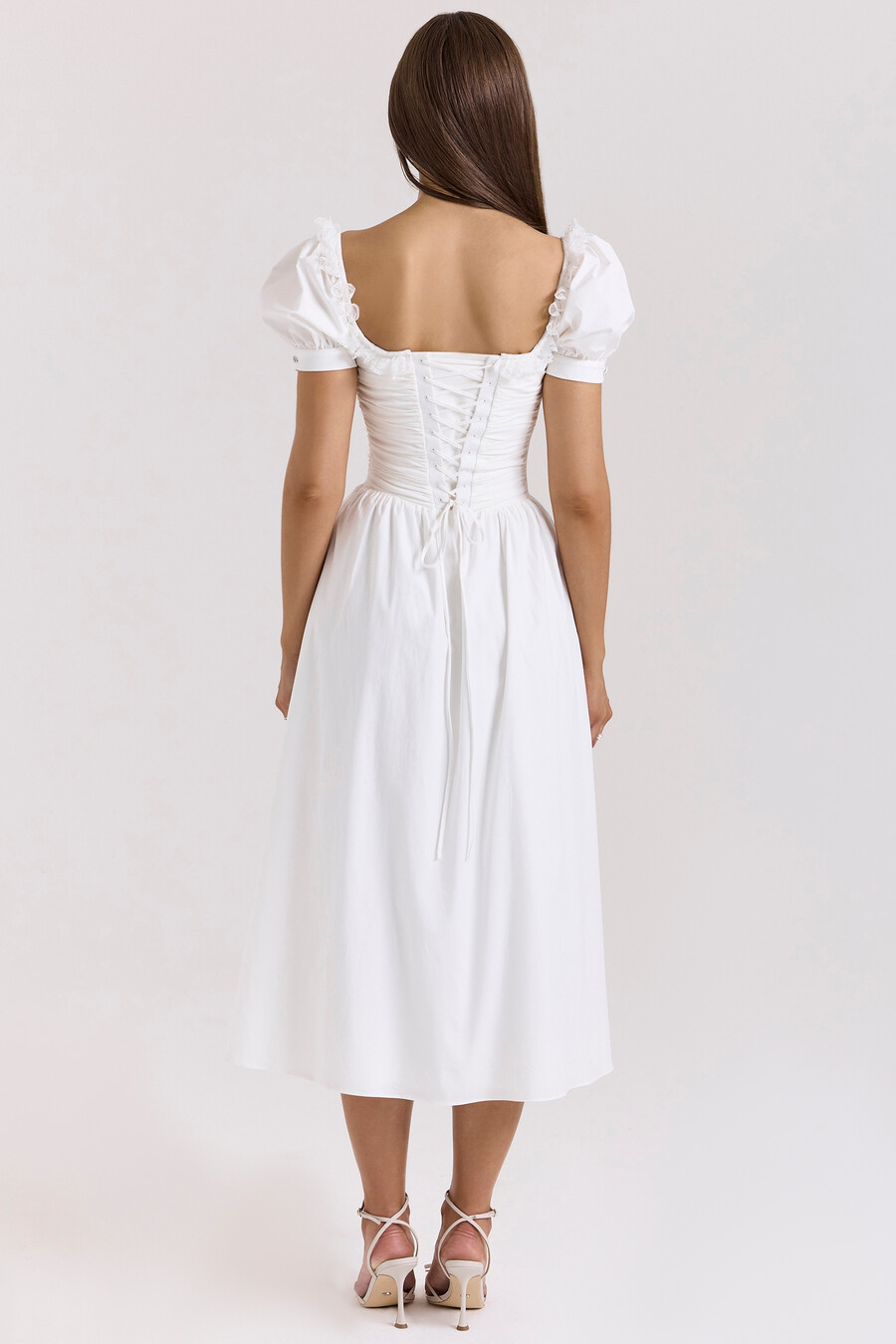 weißes midikleid aus stretch-baumwolle mit puffärmeln
