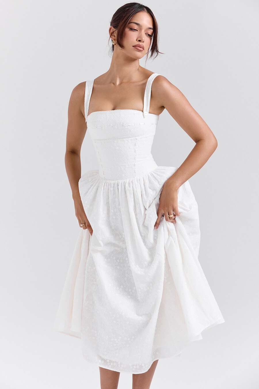 weißes midi-sommerkleid mit broderie anglais