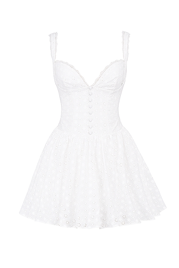 weißes baumwoll-minikleid mit broderie anglais und korsettmuster