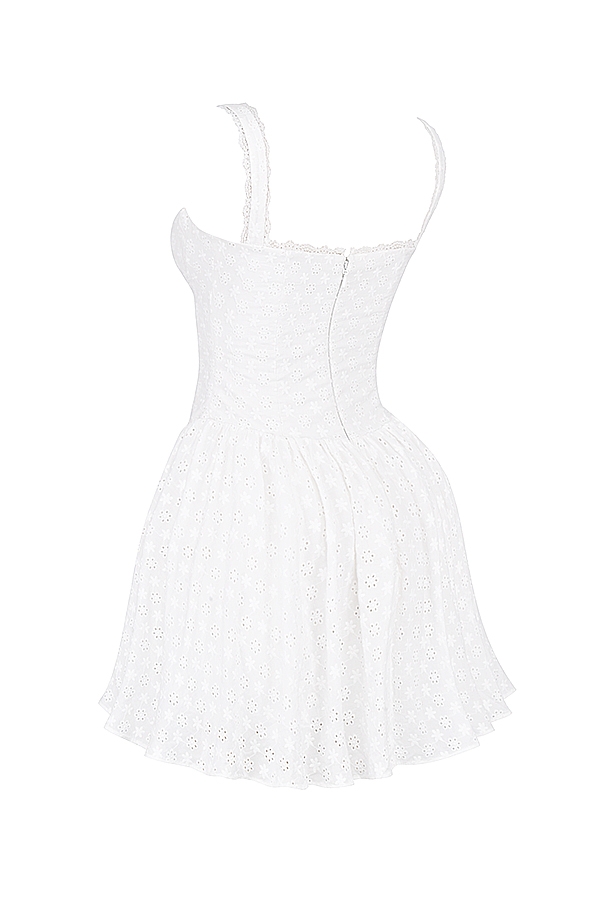 weißes baumwoll-minikleid mit broderie anglais und korsettmuster