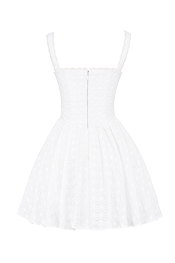 weißes baumwoll-minikleid mit broderie anglais und korsettmuster