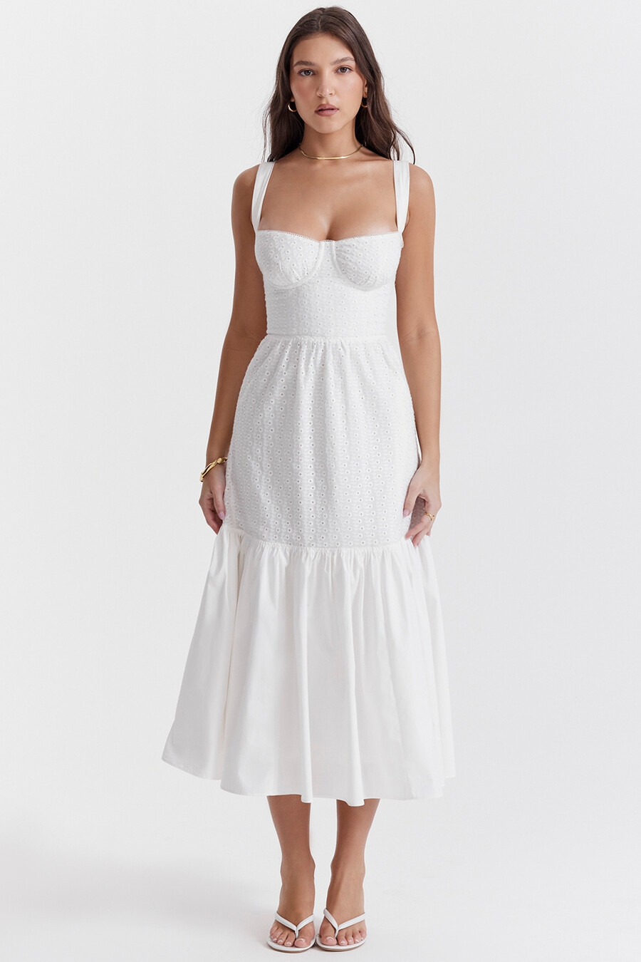 weißes midi-sommerkleid mit broderie anglaise