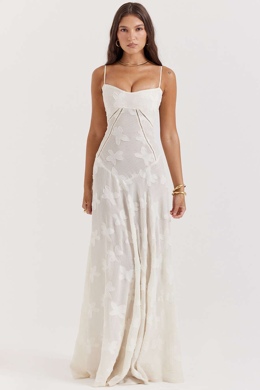 vintage cremefarbenes maxikleid mit blumenmuster und spitzenrücken