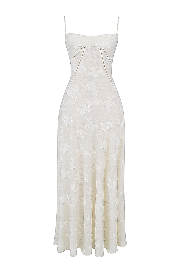 vintage cremefarbenes maxikleid mit blumenmuster und spitzenrücken