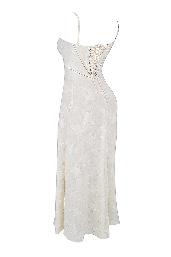 vintage cremefarbenes maxikleid mit blumenmuster und spitzenrücken