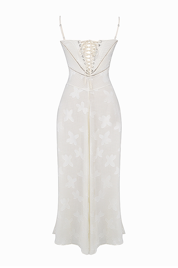vintage cremefarbenes maxikleid mit blumenmuster und spitzenrücken