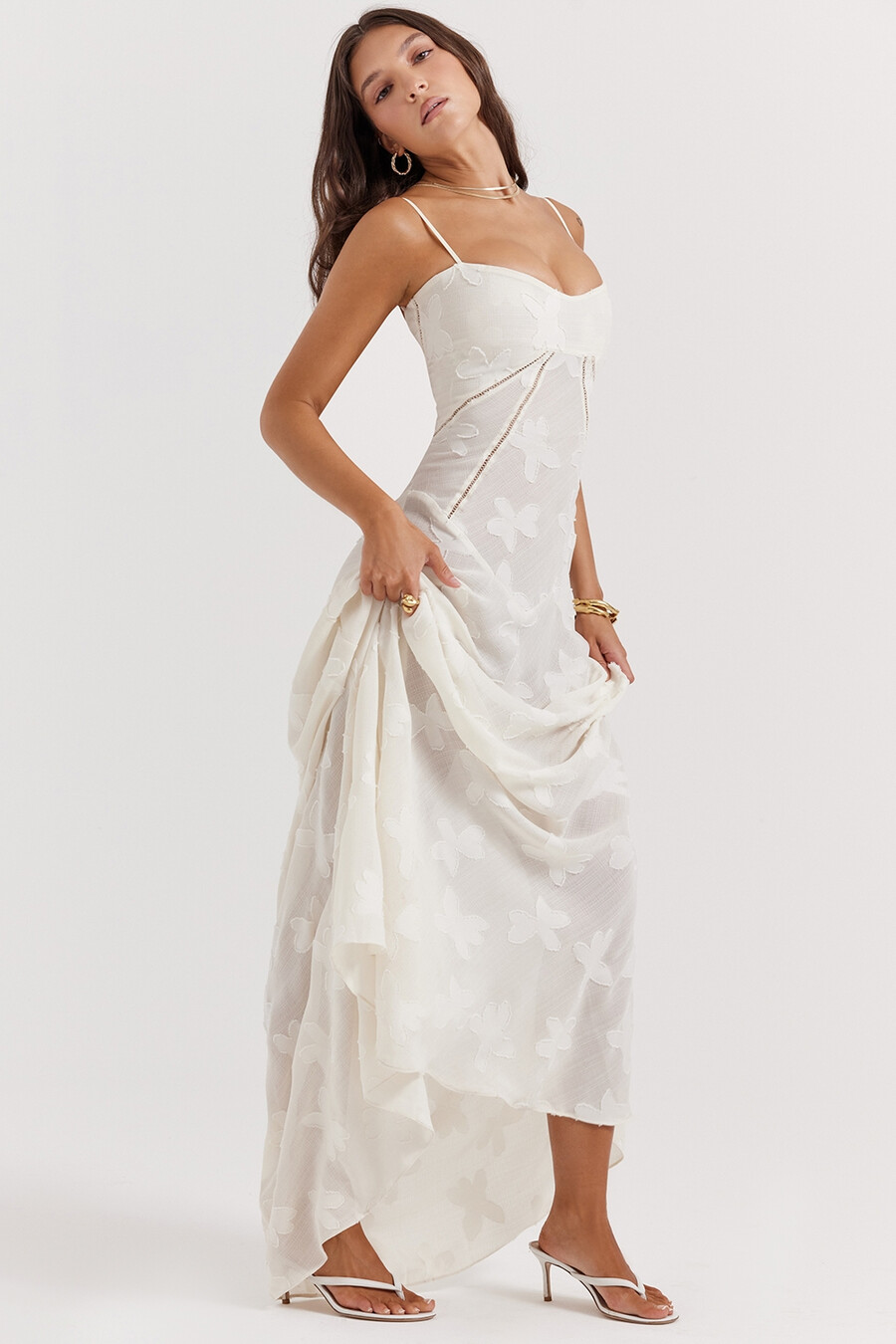 vintage cremefarbenes maxikleid mit blumenmuster und spitzenrücken