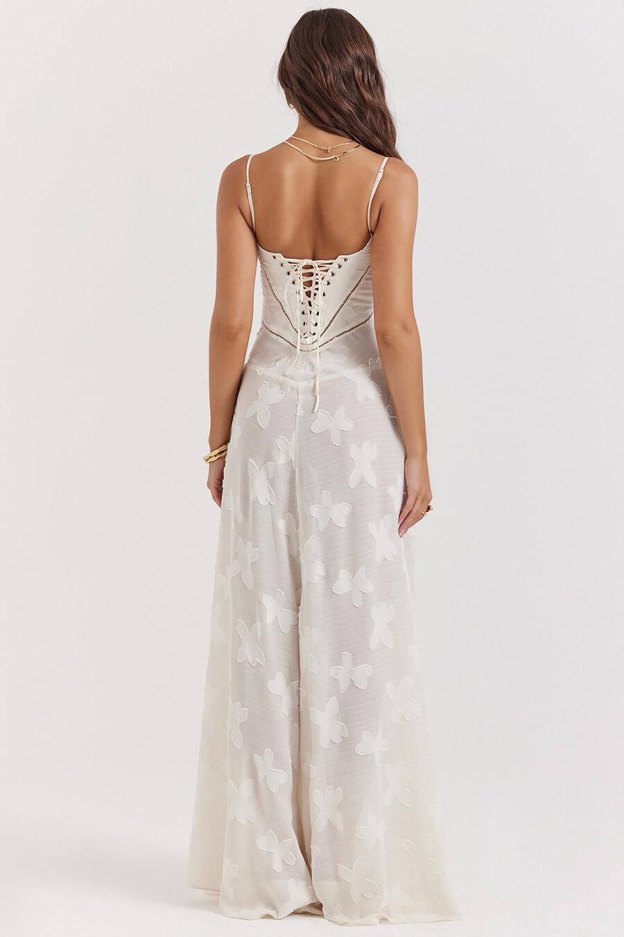 vintage cremefarbenes maxikleid mit blumenmuster und spitzenrücken