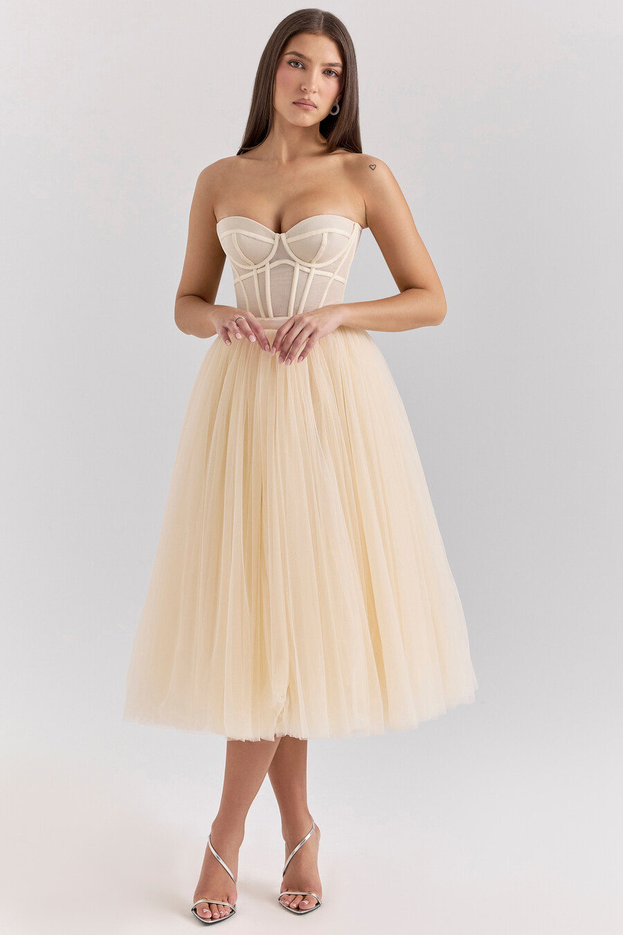 vintage cremefarbenes tüll-midikleid