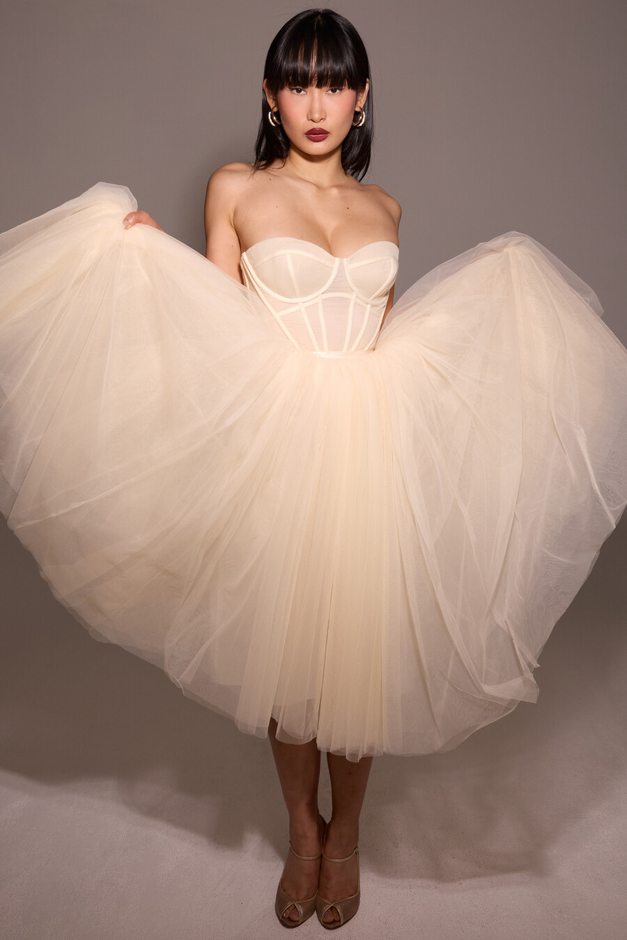 vintage cremefarbenes tüll-midikleid