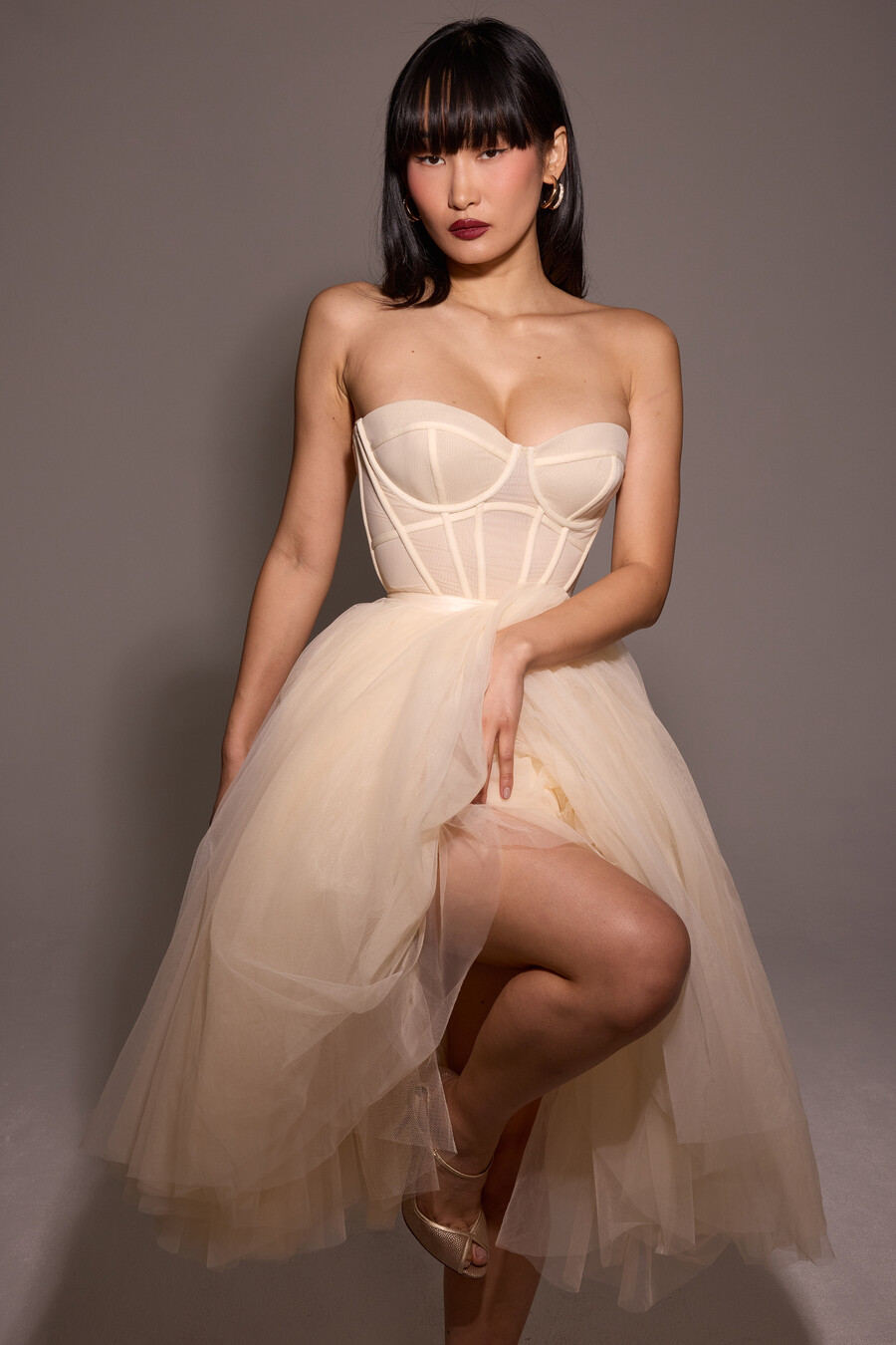 vintage cremefarbenes tüll-midikleid