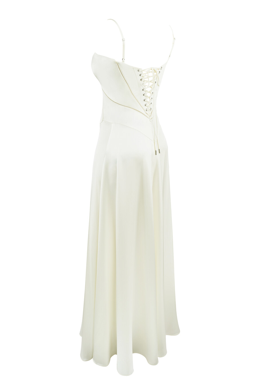 elfenbeinfarbenes maxikleid aus satin mit schnürung