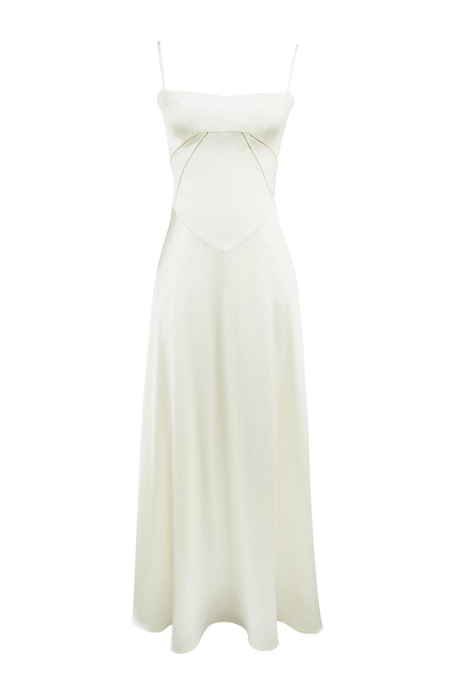 elfenbeinfarbenes maxikleid aus satin mit schnürung