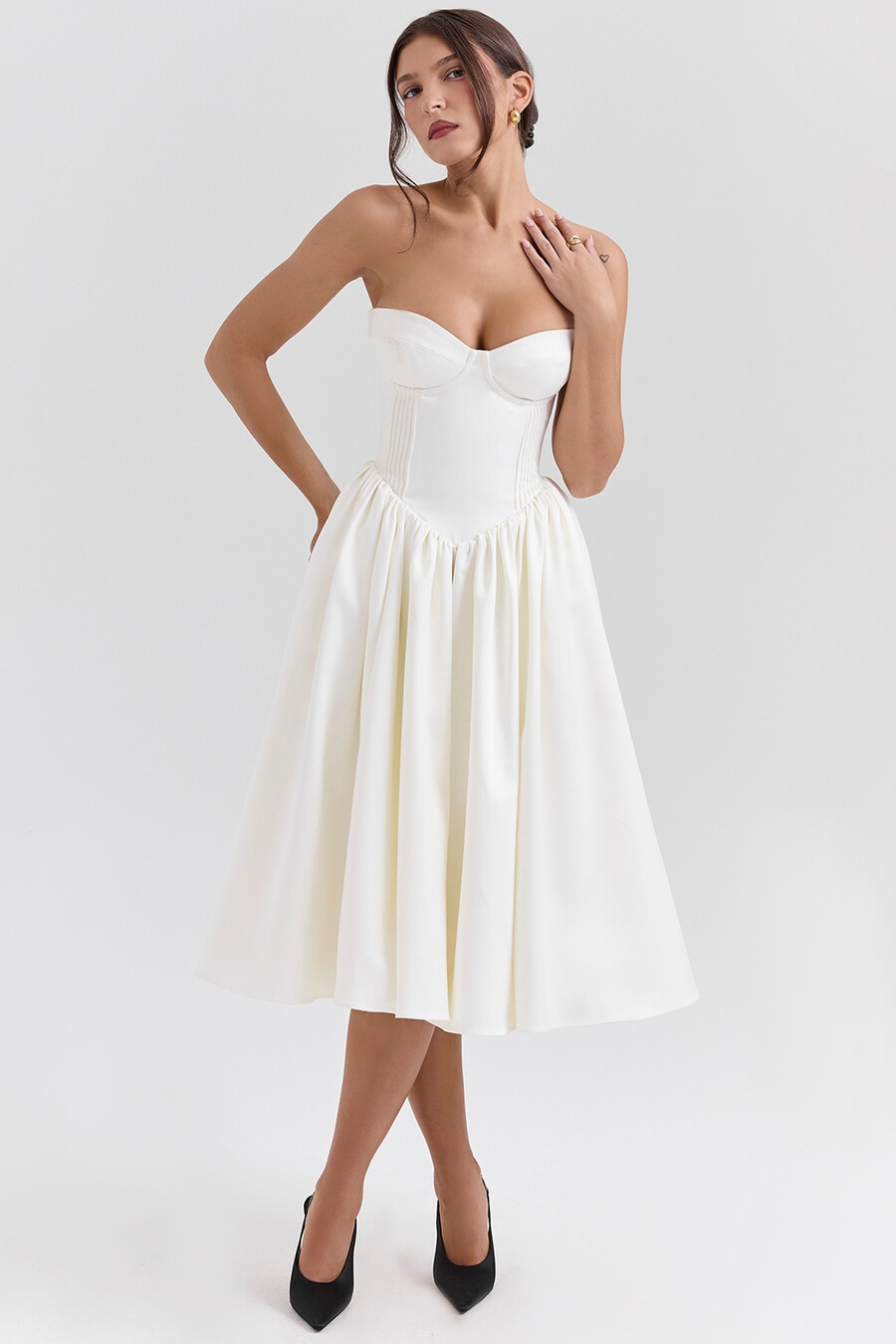 vintage elfenbeinfarbenes satin-midikleid