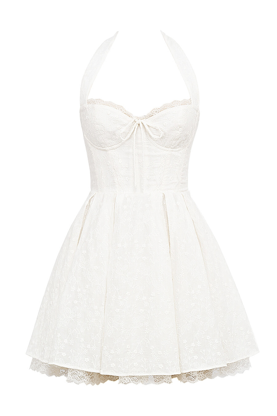 weißes broderie-anglais-neckholder-minikleid