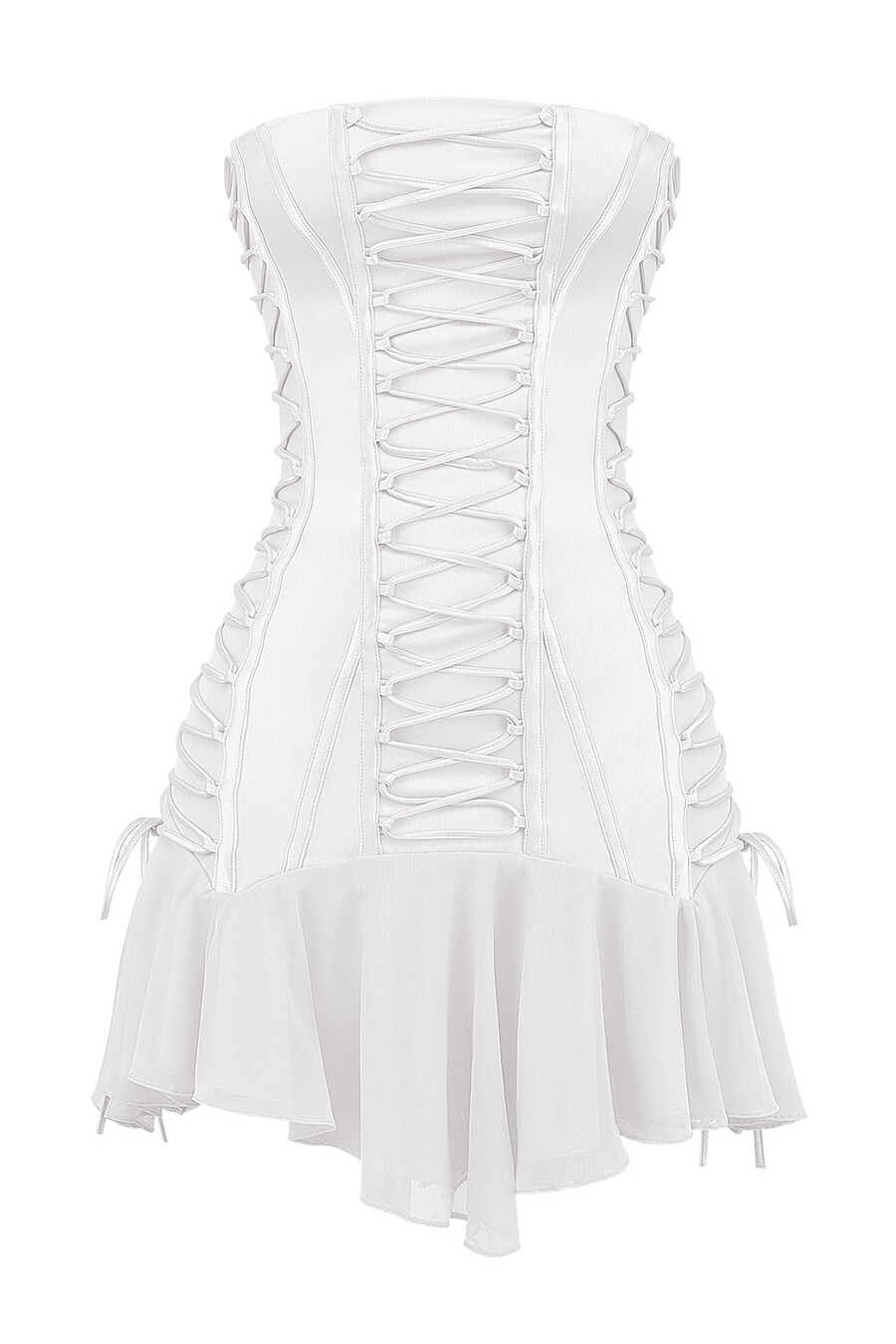weißes trägerloses minikleid mit schnürung