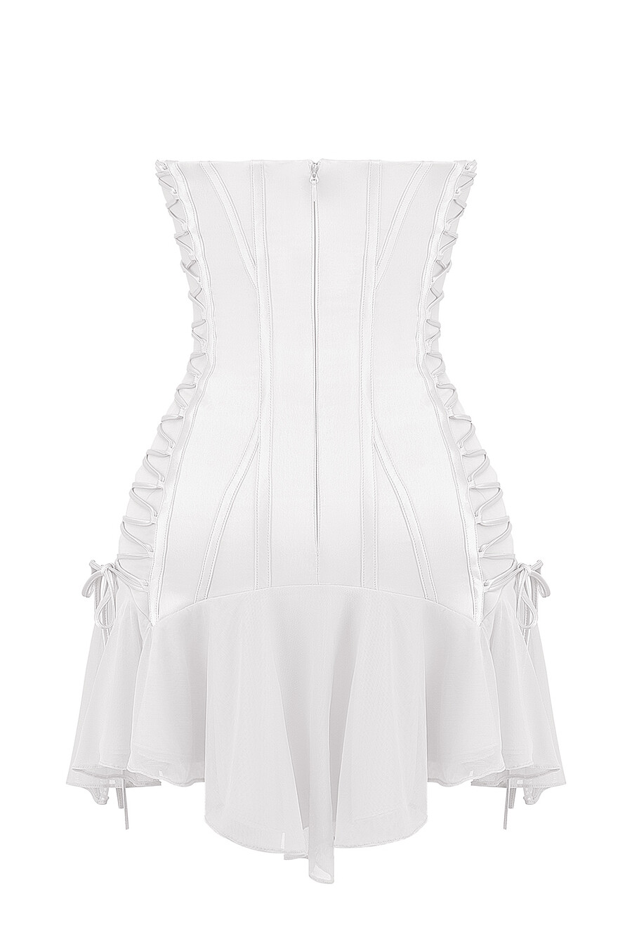 weißes trägerloses minikleid mit schnürung