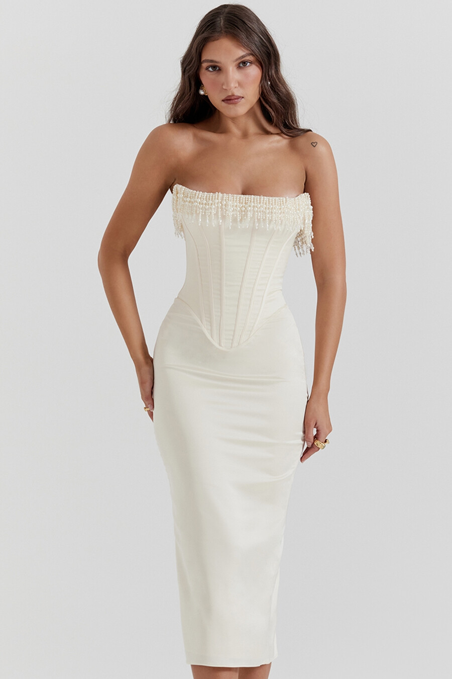 vintage cremefarbenes verziertes trägerloses kleid