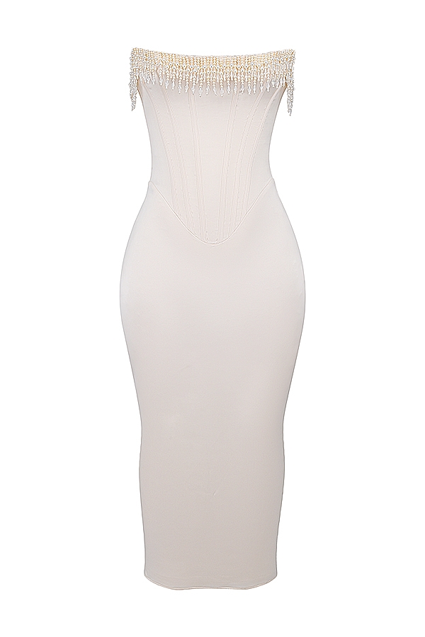 vintage cremefarbenes verziertes trägerloses kleid
