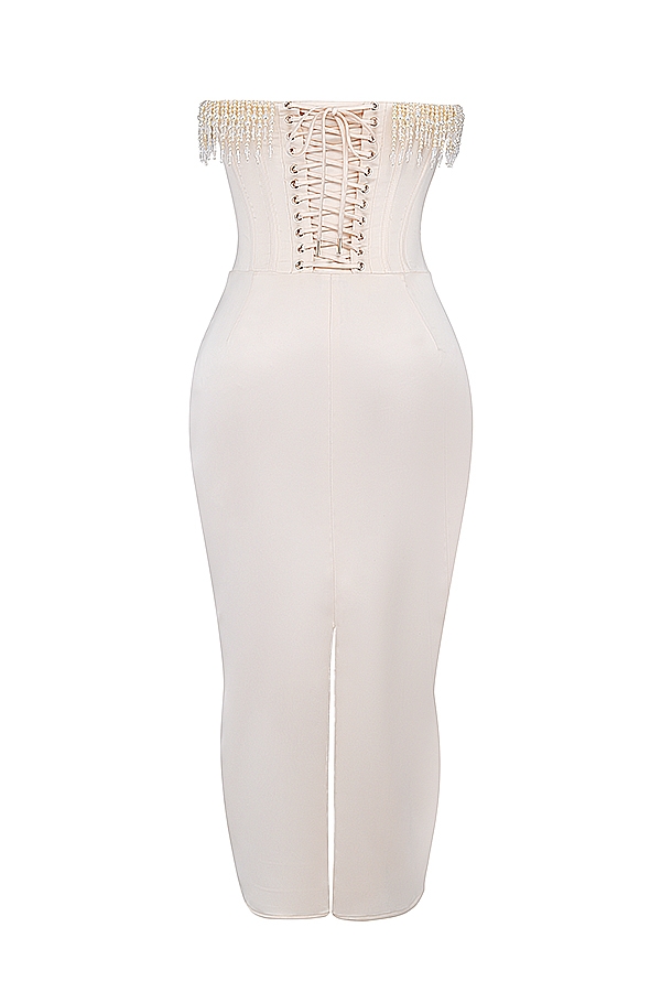 vintage cremefarbenes verziertes trägerloses kleid