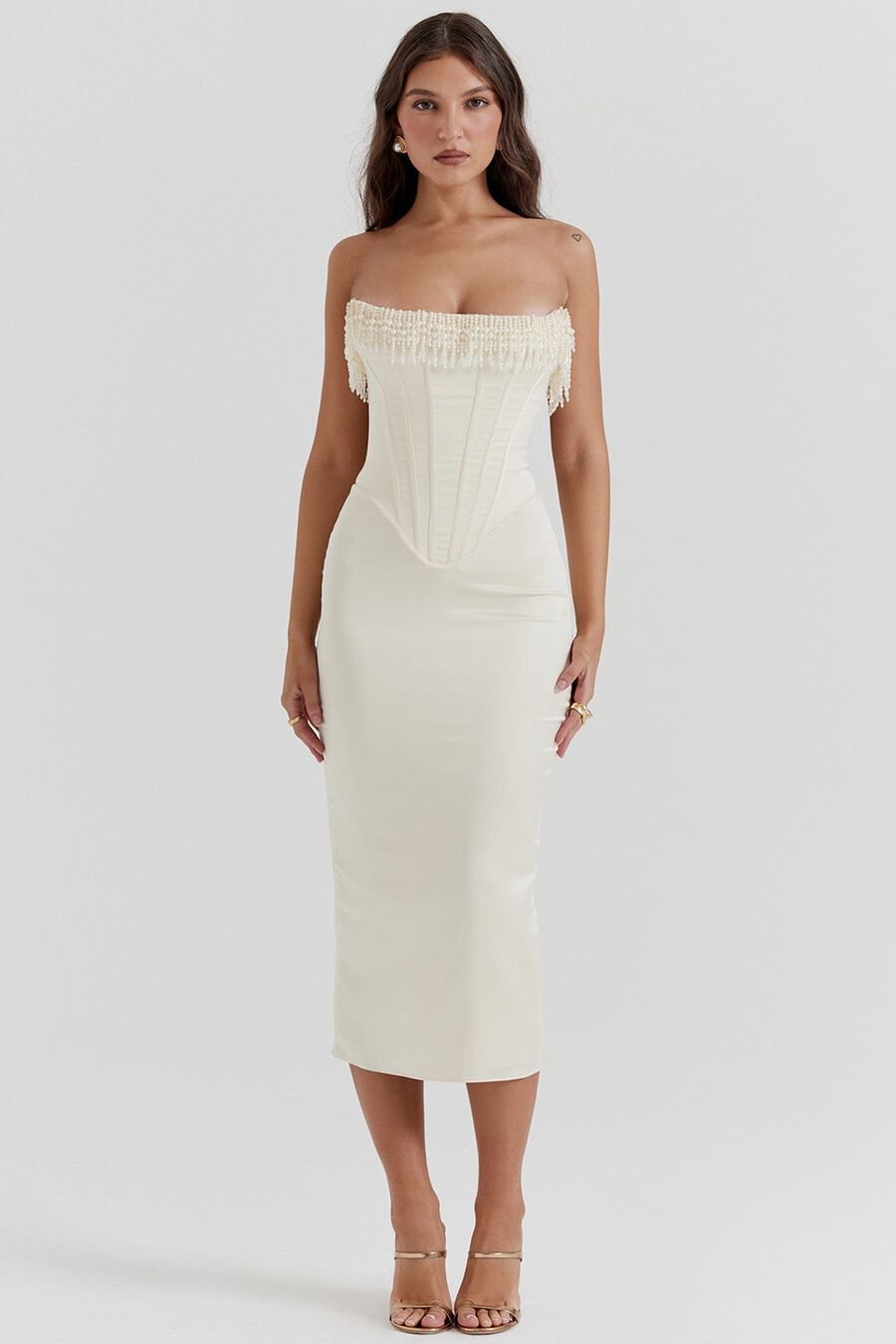 vintage cremefarbenes verziertes trägerloses kleid