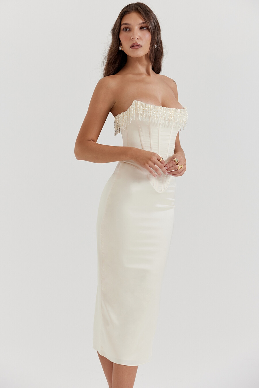 vintage cremefarbenes verziertes trägerloses kleid