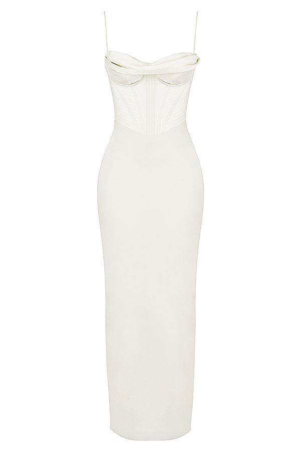 elfenbeinfarbenes maxikleid mit korsettmuster