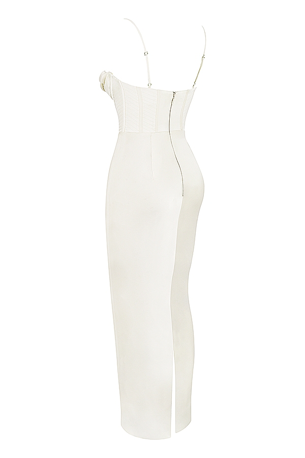 elfenbeinfarbenes maxikleid mit korsettmuster