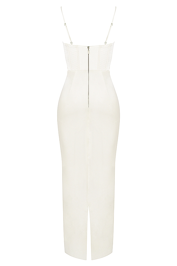 elfenbeinfarbenes maxikleid mit korsettmuster