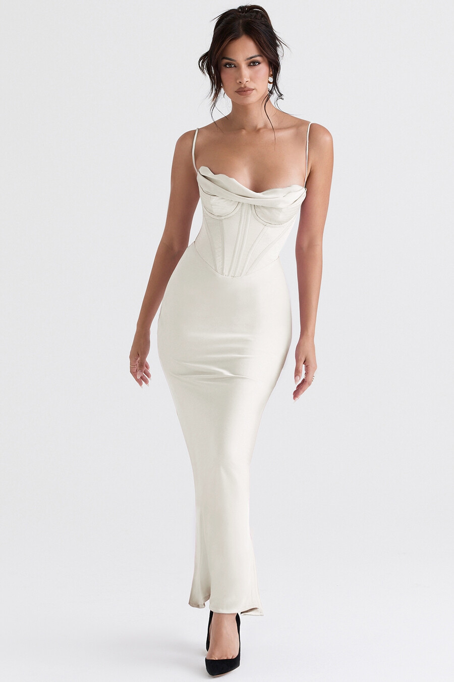 elfenbeinfarbenes maxikleid mit korsettmuster