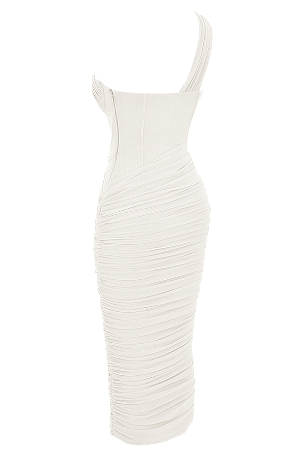 elfenbeinfarbenes midikleid mit asymmetrischem ausschnitt