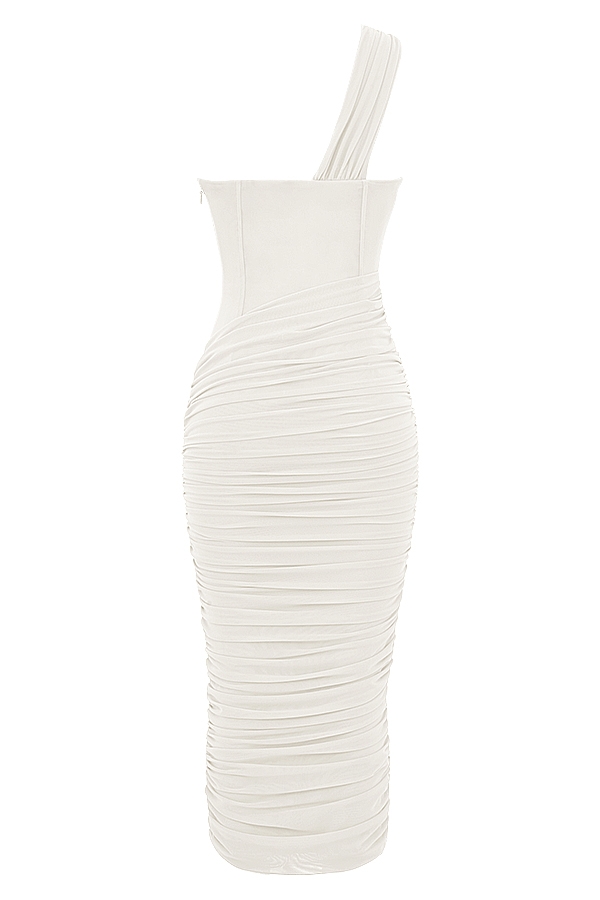 elfenbeinfarbenes midikleid mit asymmetrischem ausschnitt