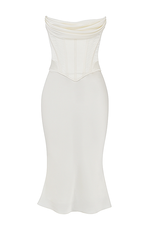 elfenbeinfarbenes trägerloses midikleid aus satin mit korsettmuster