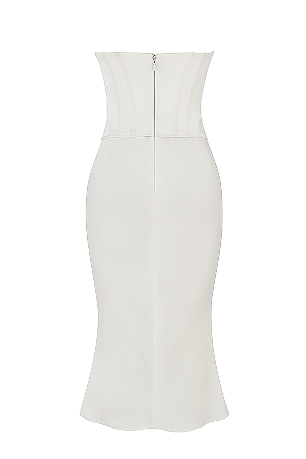 elfenbeinfarbenes trägerloses midikleid aus satin mit korsettmuster