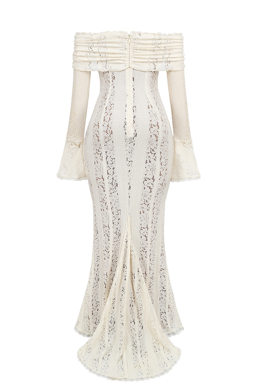 vintage cremefarbenes maxikleid mit blumenmuster und spitze schulterfrei