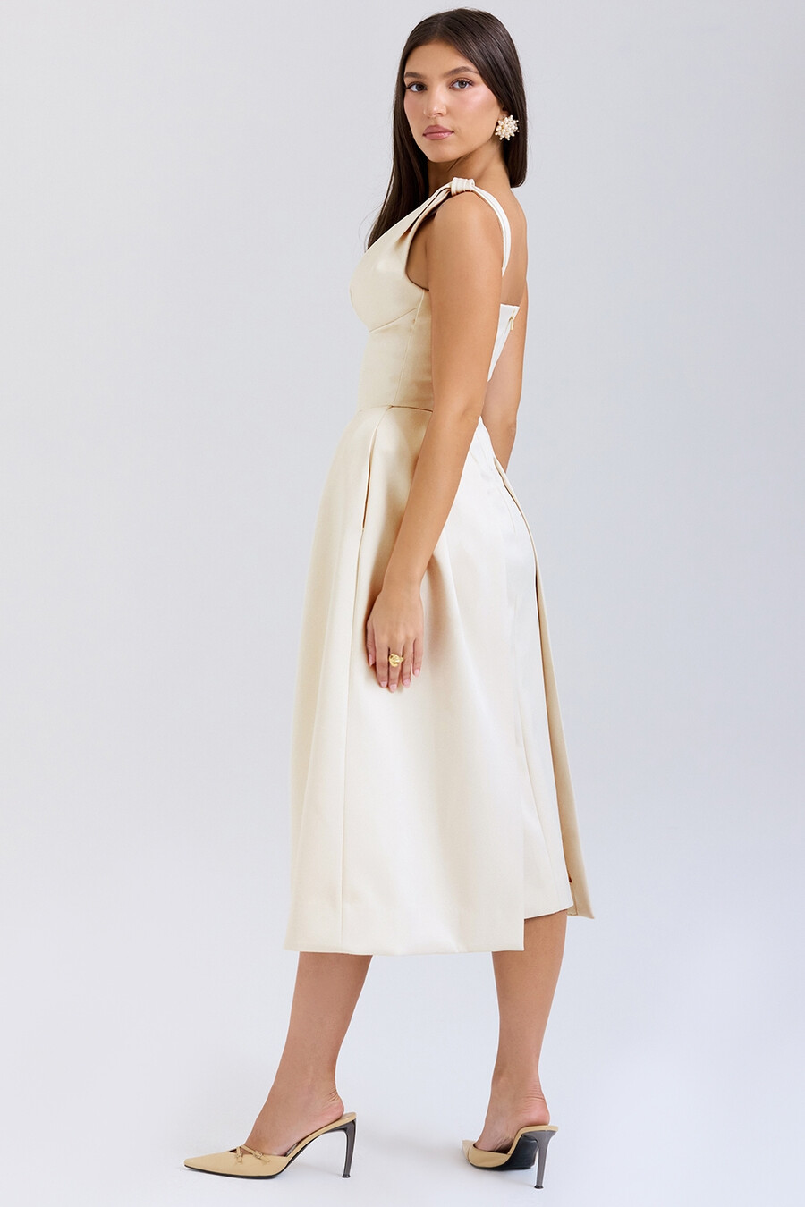 vintage cremefarbenes satin-plissee-midikleid