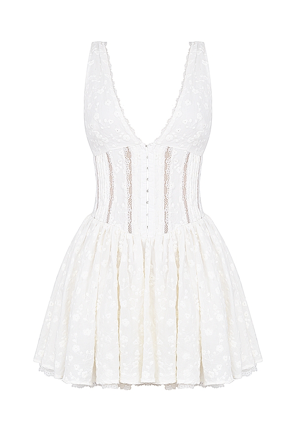 weißes baumwoll-broderie-anglais-plunge-minikleid