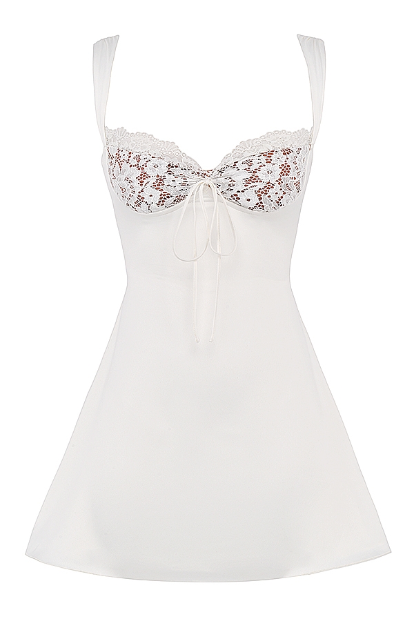 minikleid aus elfenbeinfarbenem satin und spitze