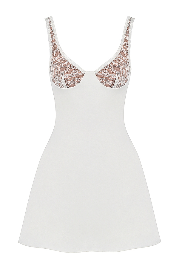 minikleid aus elfenbeinfarbenem satin und spitze