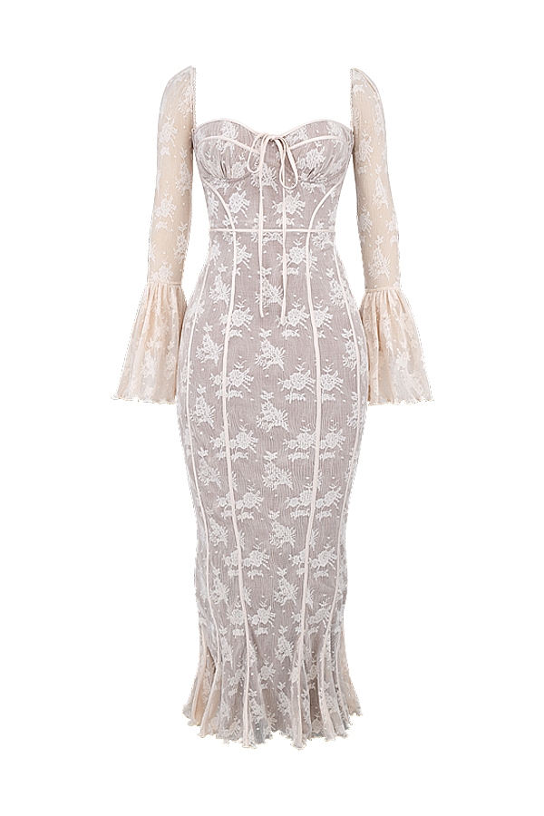 vintage-maxikleid aus cremefarbener spitze