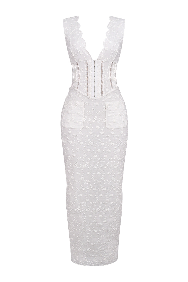 weißes baumwoll-maxikleid mit broderie anglais-ausschnitt