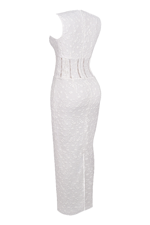 weißes baumwoll-maxikleid mit broderie anglais-ausschnitt