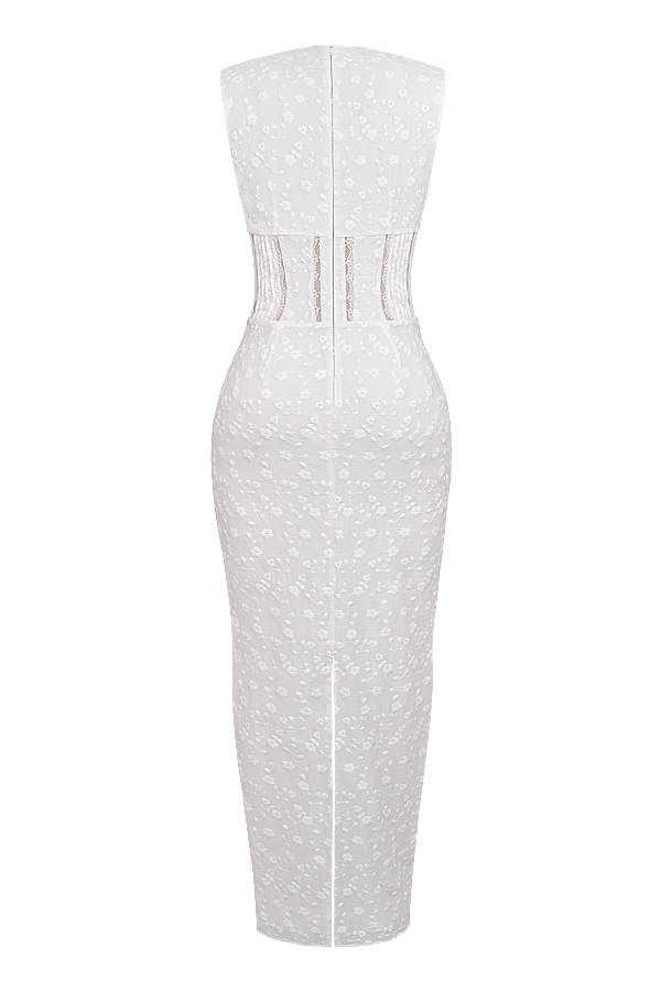 weißes baumwoll-maxikleid mit broderie anglais-ausschnitt