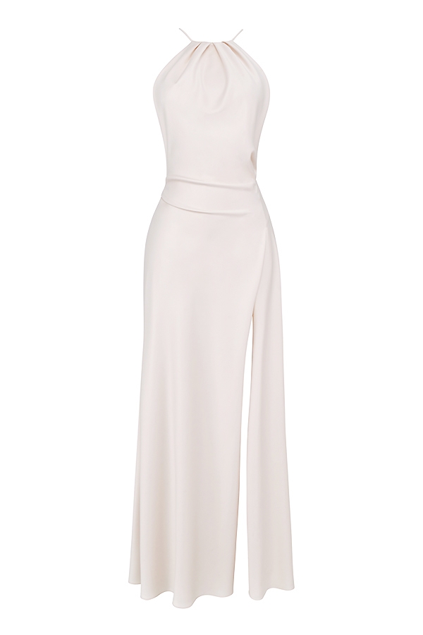 maxikleid in elfenbein mit oberschenkelschlitz