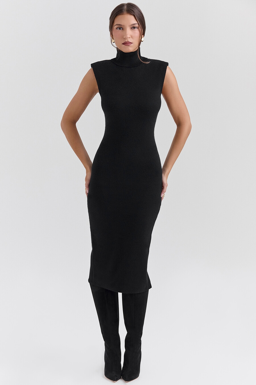 schwarzes midikleid aus kaschmir-mischgewebe mit rollkragen