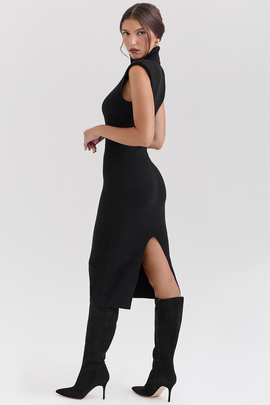 schwarzes midikleid aus kaschmir-mischgewebe mit rollkragen